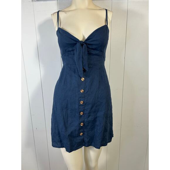 Faithfull the Brand Rodeo Navy Blue Tie-Front Dress. 100% Linen. Size 6/M - Picture 3 of 10